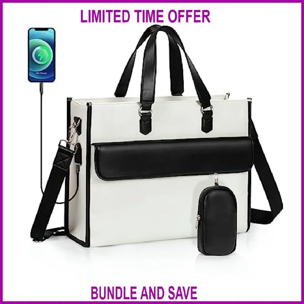 17 Inch Laptop Tote Bag Waterproof Leather Multi-Pocket Shoulder Bag